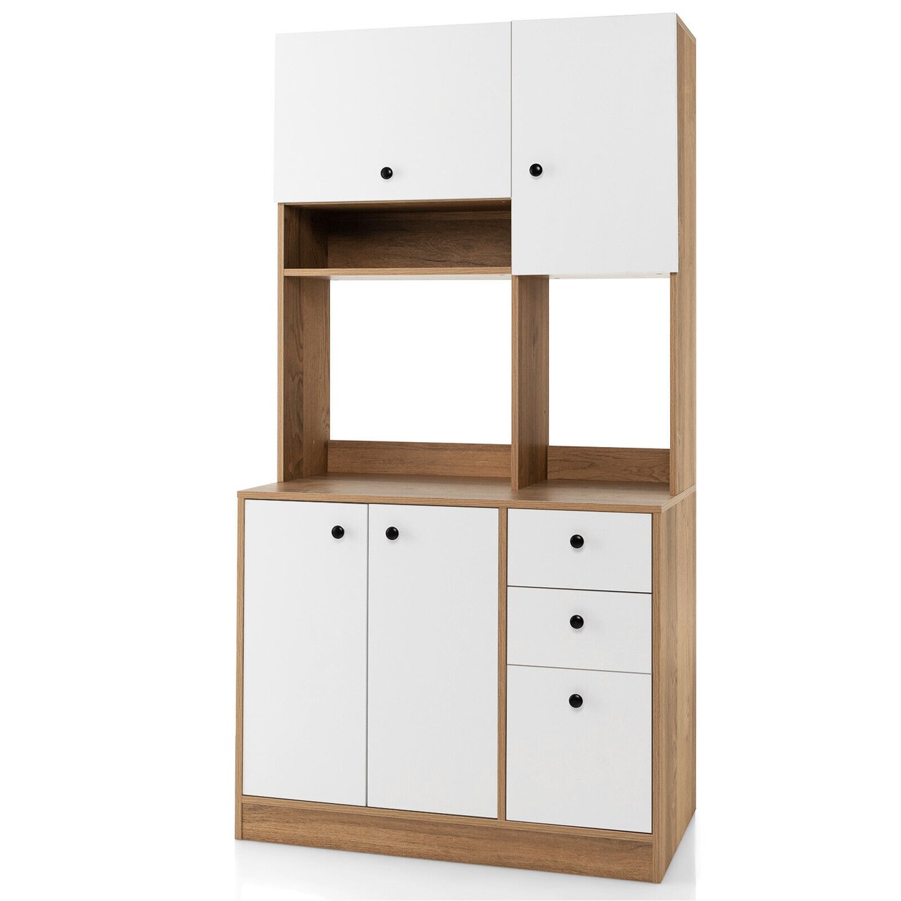 White Kitchen Pantry Cabinet with 3 Cabinets 3 Drawers and Adjustable Shelves